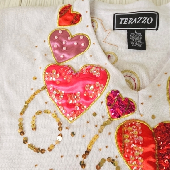 Vintage Terazzo Beaded and Embroidered Valentine's Day Sweater in White Sz Large - Picture 7 of 12